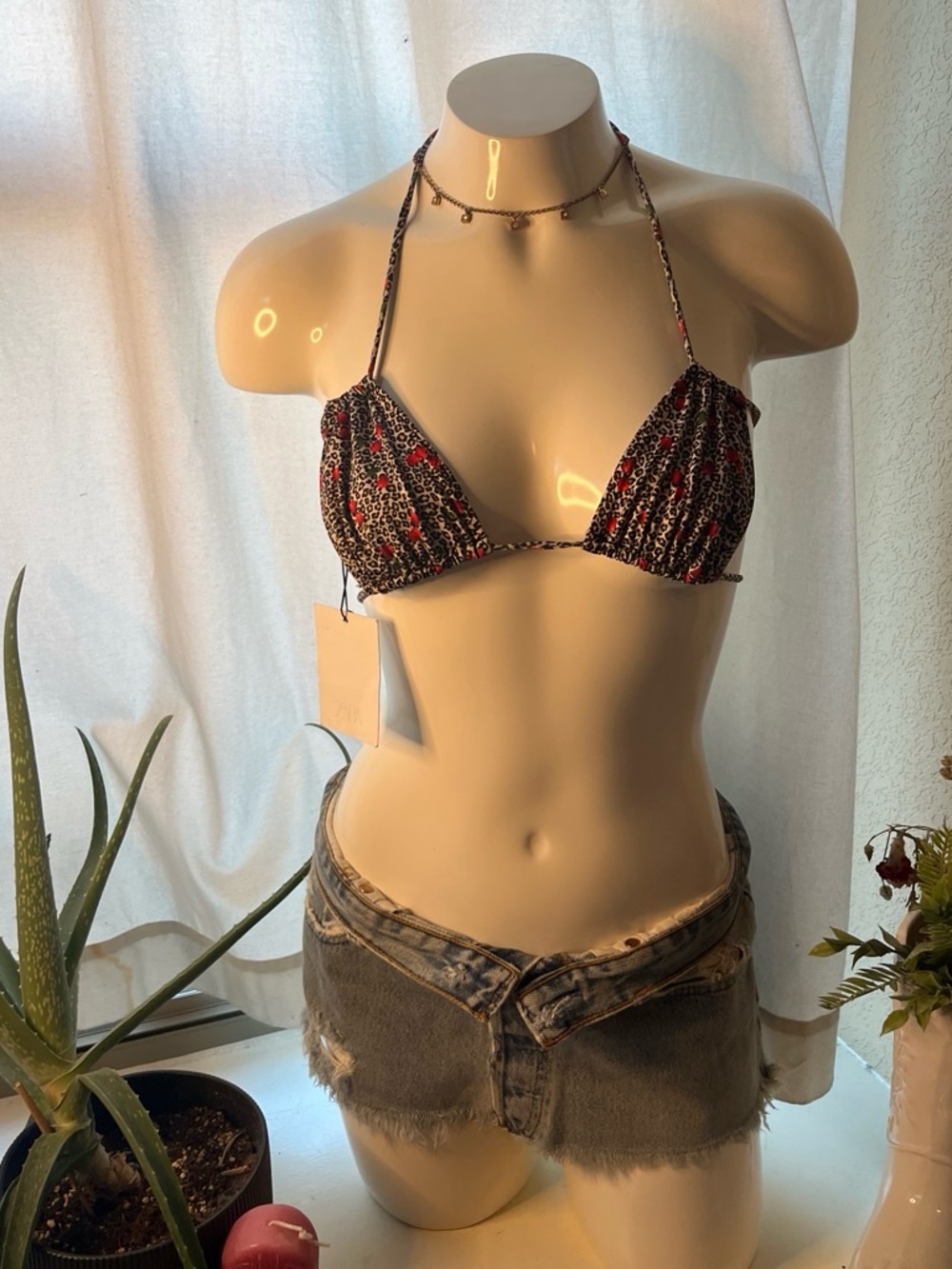 Leopard Print Triangle Bikini Top with Red Cherries